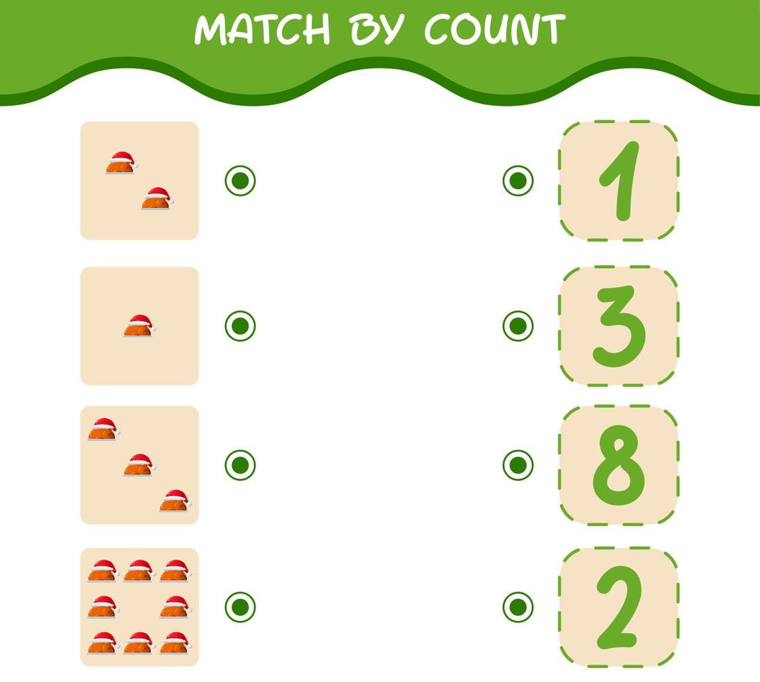 match efter antal av tecknad kalkon. match och räkna spel. pedagogiskt spel för barn och småbarn i förskoleåldern vektor