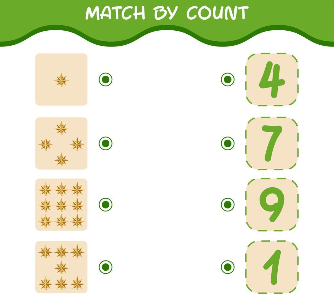 Übereinstimmung durch Zählung des Cartoon-Weihnachtssterns. Match-and-Count-Spiel. Lernspiel für Kinder und Kleinkinder im Vorschulalter vektor