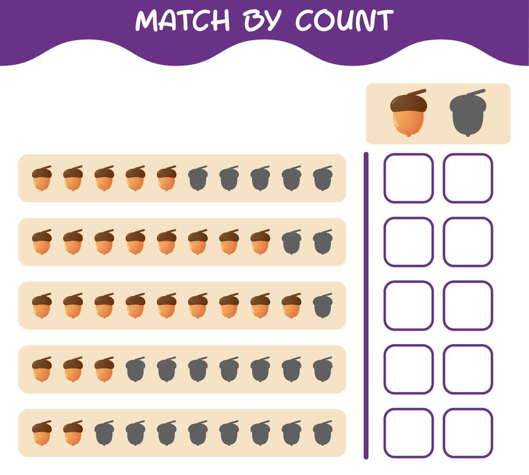 Übereinstimmung durch Anzahl der Cartoon-Eichel. Match-and-Count-Spiel. Lernspiel für Kinder und Kleinkinder im Vorschulalter vektor