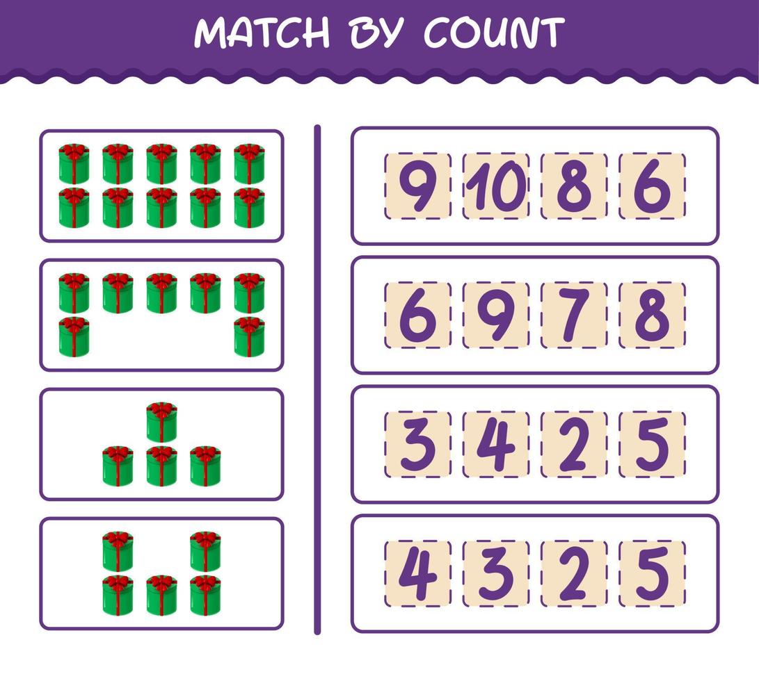 Übereinstimmung durch Anzahl der Cartoon-Geschenkbox. Match-and-Count-Spiel. Lernspiel für Kinder und Kleinkinder im Vorschulalter vektor