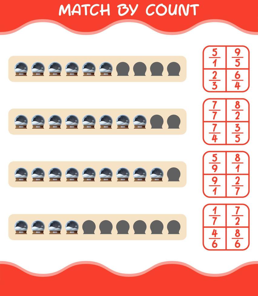 Übereinstimmung durch Zählung des Cartoon-Glas-Schneeballs. Match-and-Count-Spiel. Lernspiel für Kinder und Kleinkinder im Vorschulalter vektor