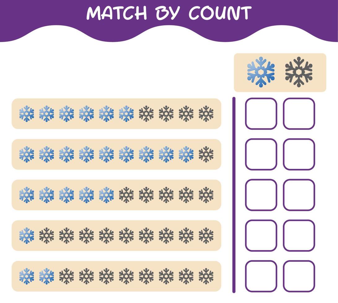 Übereinstimmung durch Zählung der Cartoon-Schneeflocke. Match-and-Count-Spiel. Lernspiel für Kinder und Kleinkinder im Vorschulalter vektor