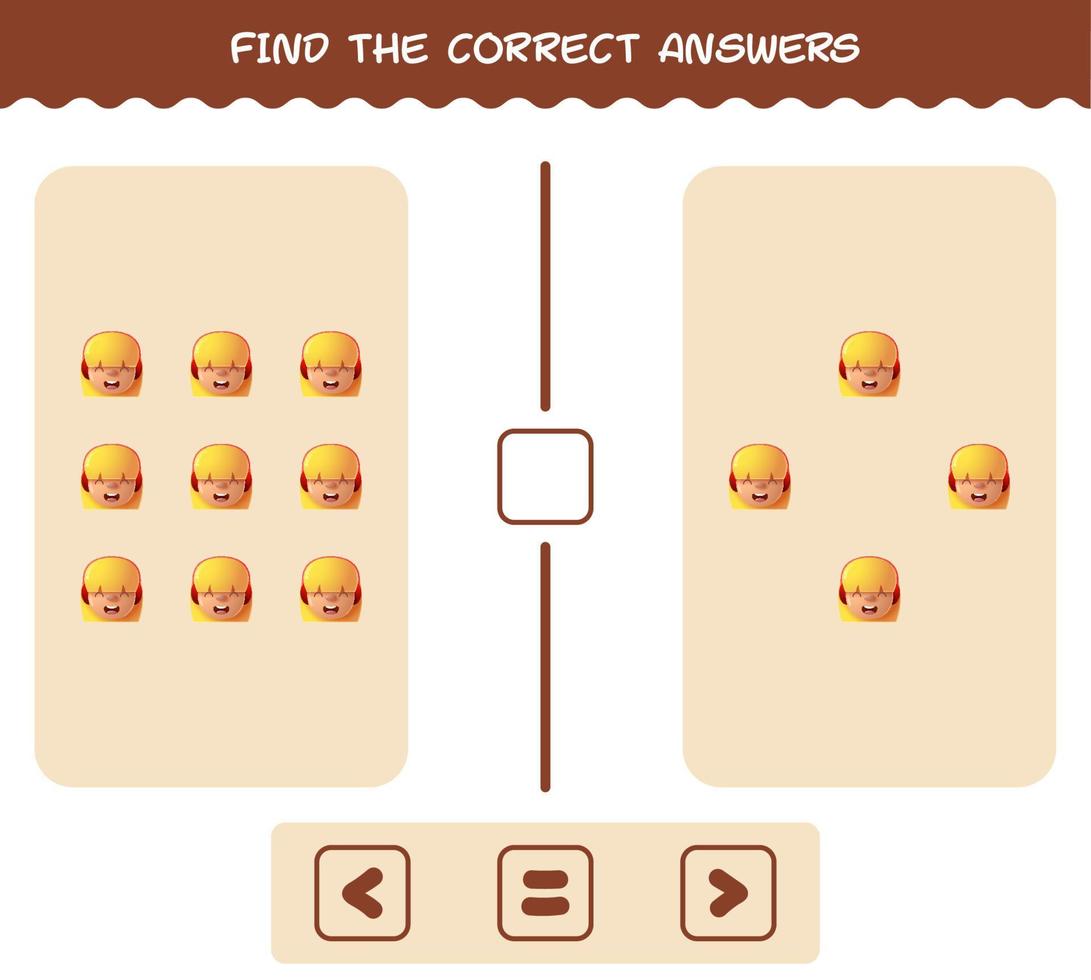 hitta de rätta svaren från tecknade flickor. leta och räkna spel. pedagogiskt spel för barn och småbarn i förskoleåldern vektor