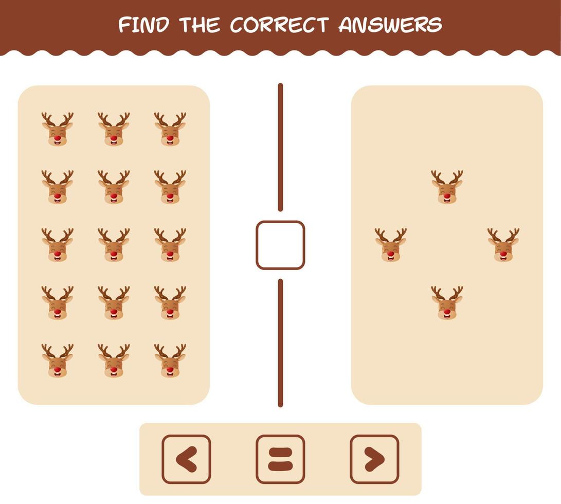 Finden Sie die richtigen Antworten von Cartoon-Rentieren. Such- und Zählspiel. Lernspiel für Kinder und Kleinkinder im Vorschulalter vektor