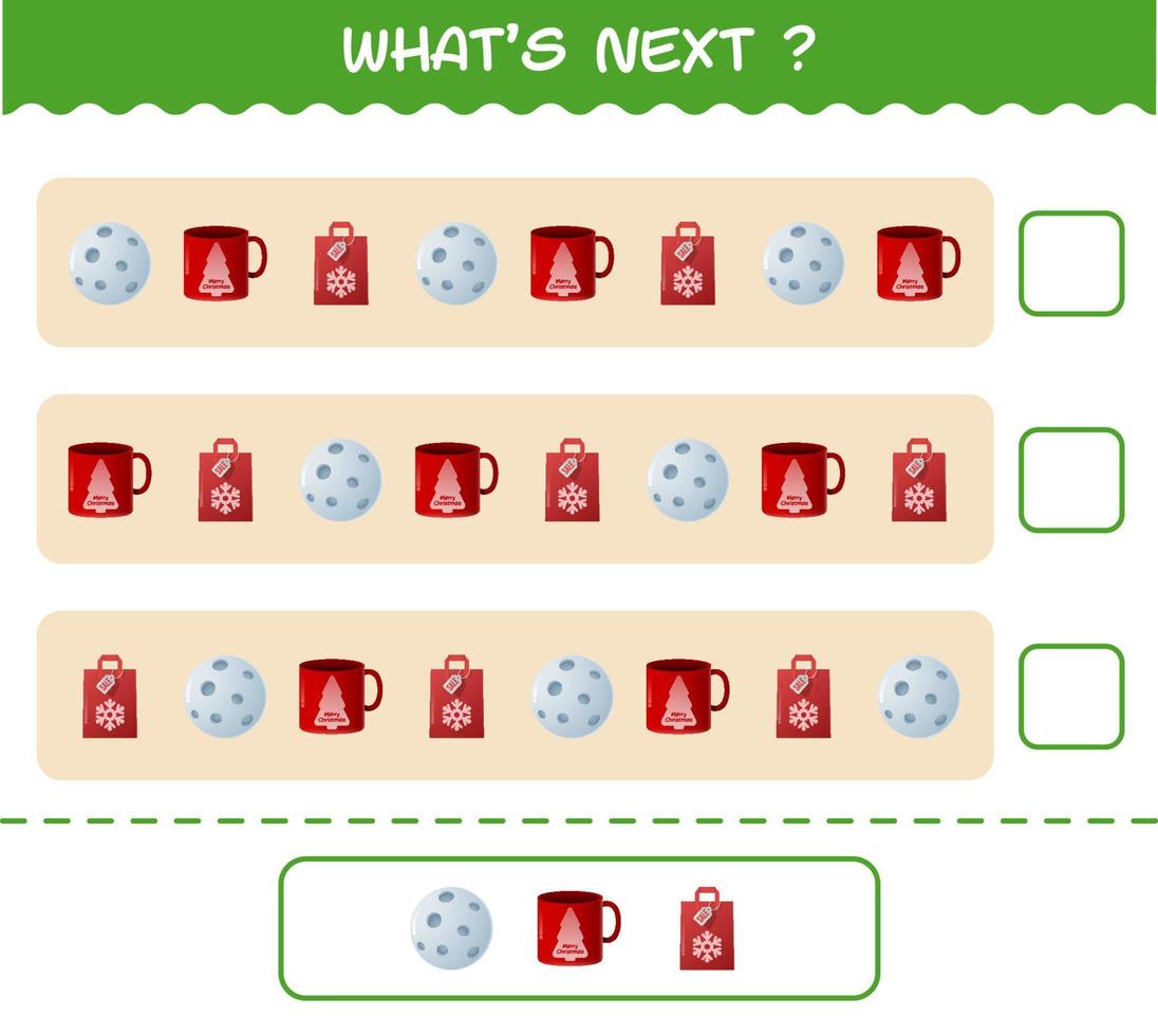 vad kommer nästa pedagogiska spel av tecknad jul. hitta regelbundenhet och fortsätt raduppgiften. pedagogiskt spel för barn och småbarn i förskoleåldern vektor