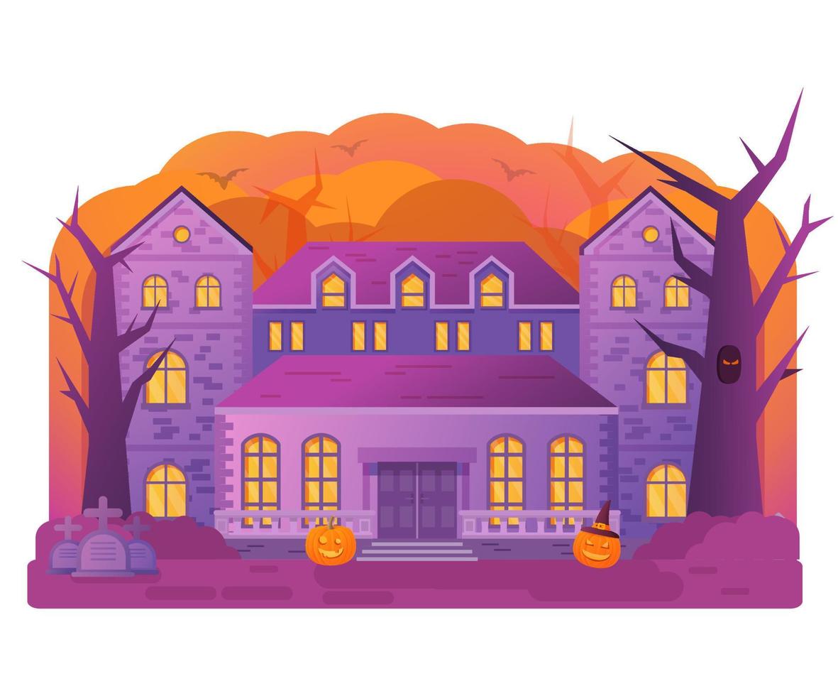 halloween hus. gammal kyrkogårdsgravsten. horror story.night banner.flat illustration vektor. vektor