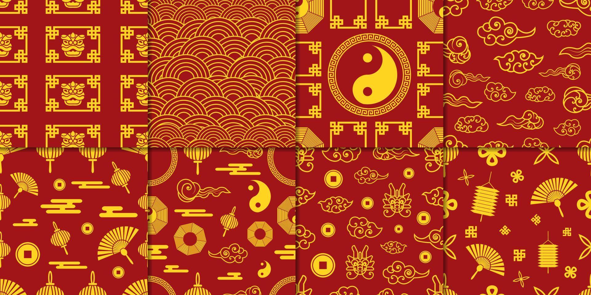 satz goldenes chinesisches muster. kastanienbrauner Hintergrund abstraktes Konzept. dekorative Tapete. vektor