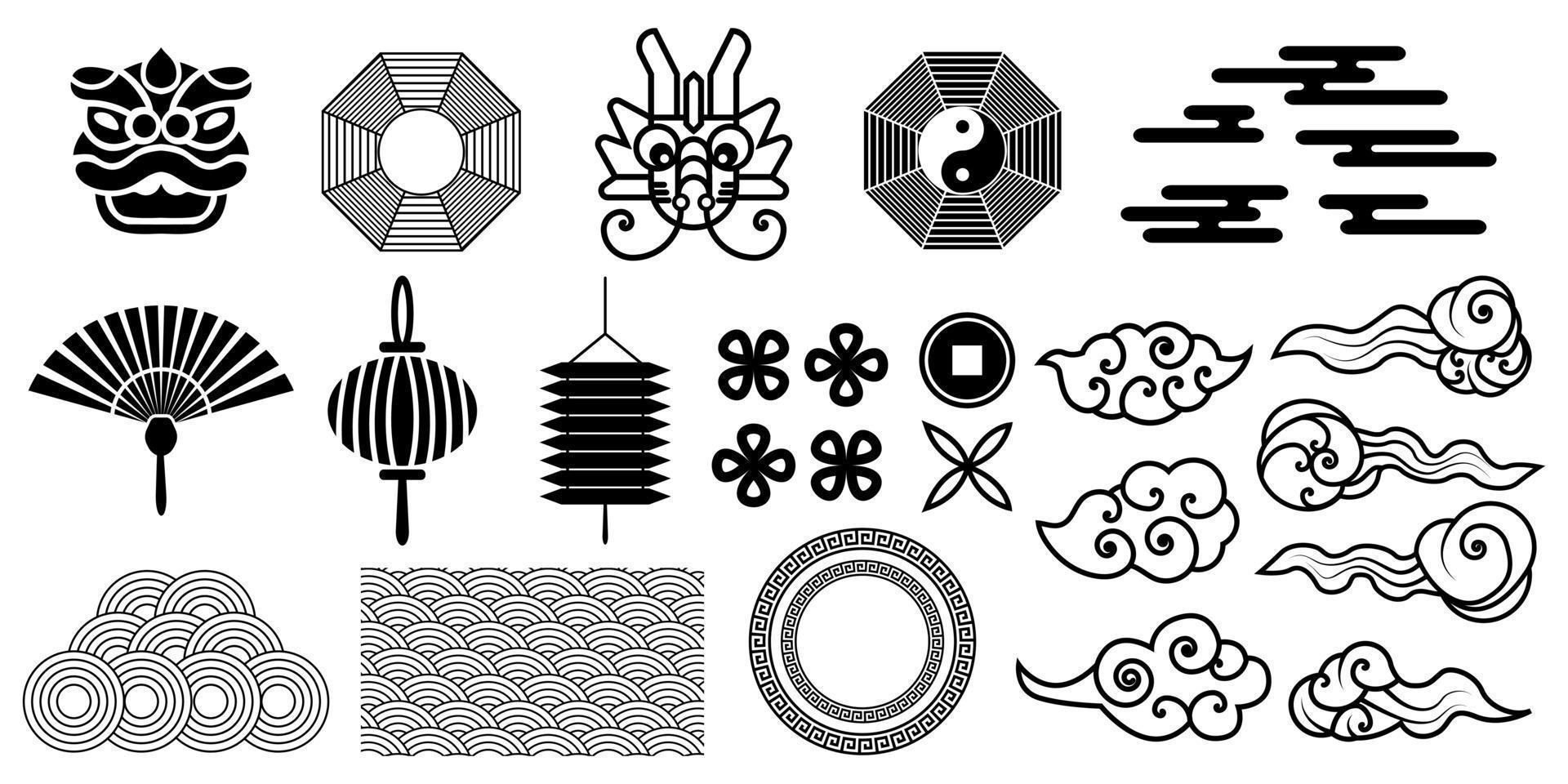 samling av kinesiska element. vektor dekorativ samling av mönster, ram, blommor, drakhuvud, moln och knutning i kinesisk stil.