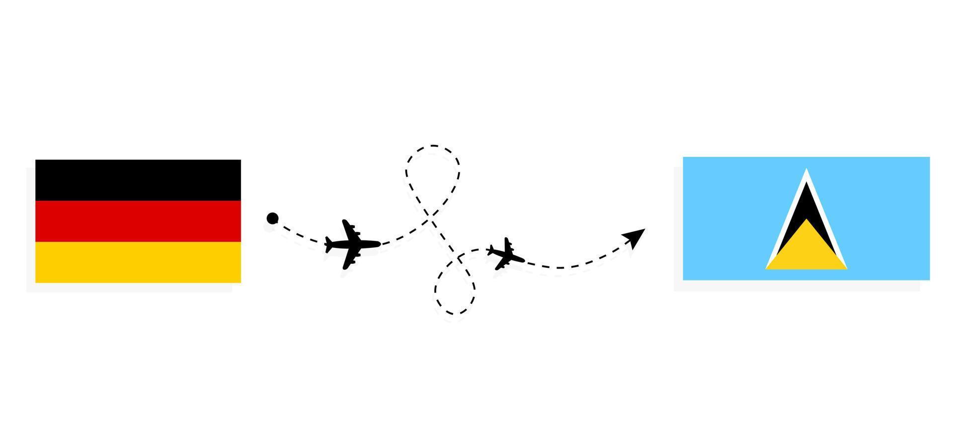 flug und reise von deutschland nach sankt lucia mit dem reisekonzept des passagierflugzeugs vektor