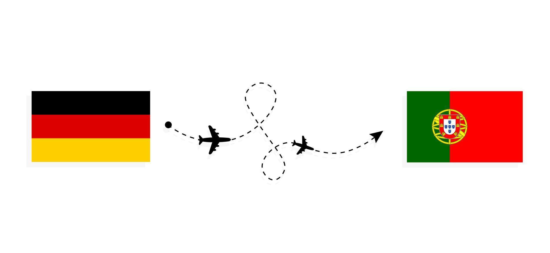 Flug und Reise von Deutschland nach Portugal mit dem Reisekonzept des Passagierflugzeugs vektor