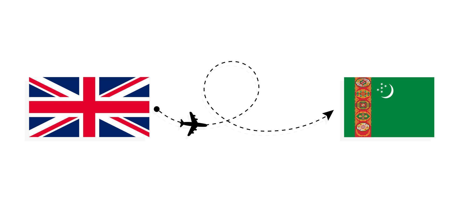 Flug und Reise vom Vereinigten Königreich Großbritannien nach Turkmenistan mit dem Reisekonzept für Passagierflugzeuge vektor