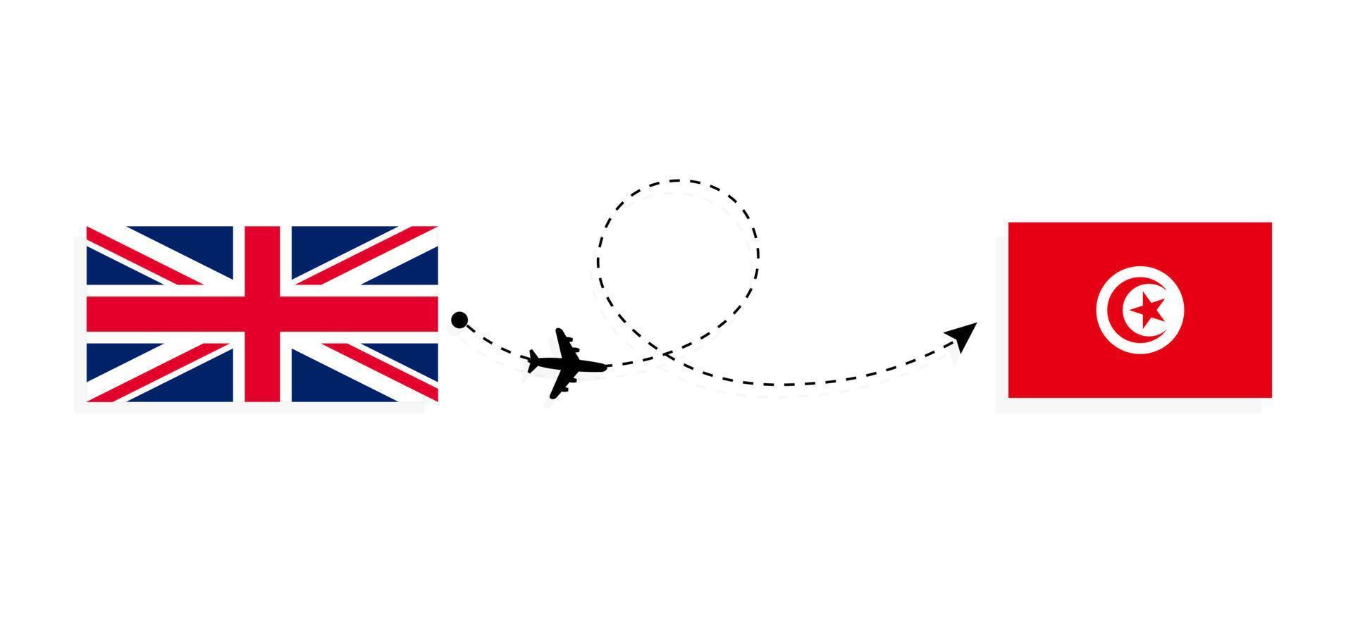 flug und reise vom vereinigten königreich großbritannien nach tunesien mit dem reisekonzept des passagierflugzeugs vektor