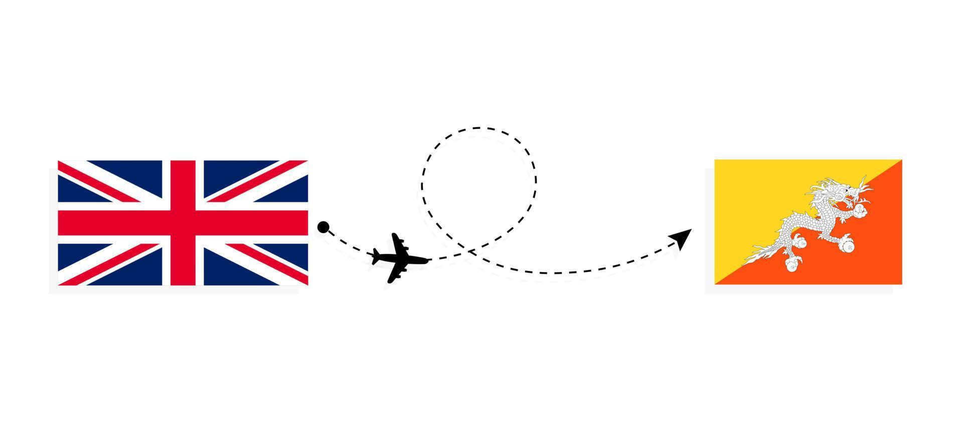 Flug und Reise von Großbritannien nach Bhutan mit dem Reisekonzept für Passagierflugzeuge vektor