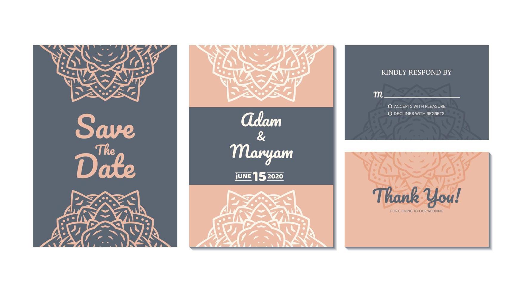 Set Cover Inhalt Hochzeitseinladungskarte mit Mandala, abstrakter Rahmen Hintergrund Dekoration Ornament Mockup Gruß Feier rustikale Vorlage Vektor Illustration