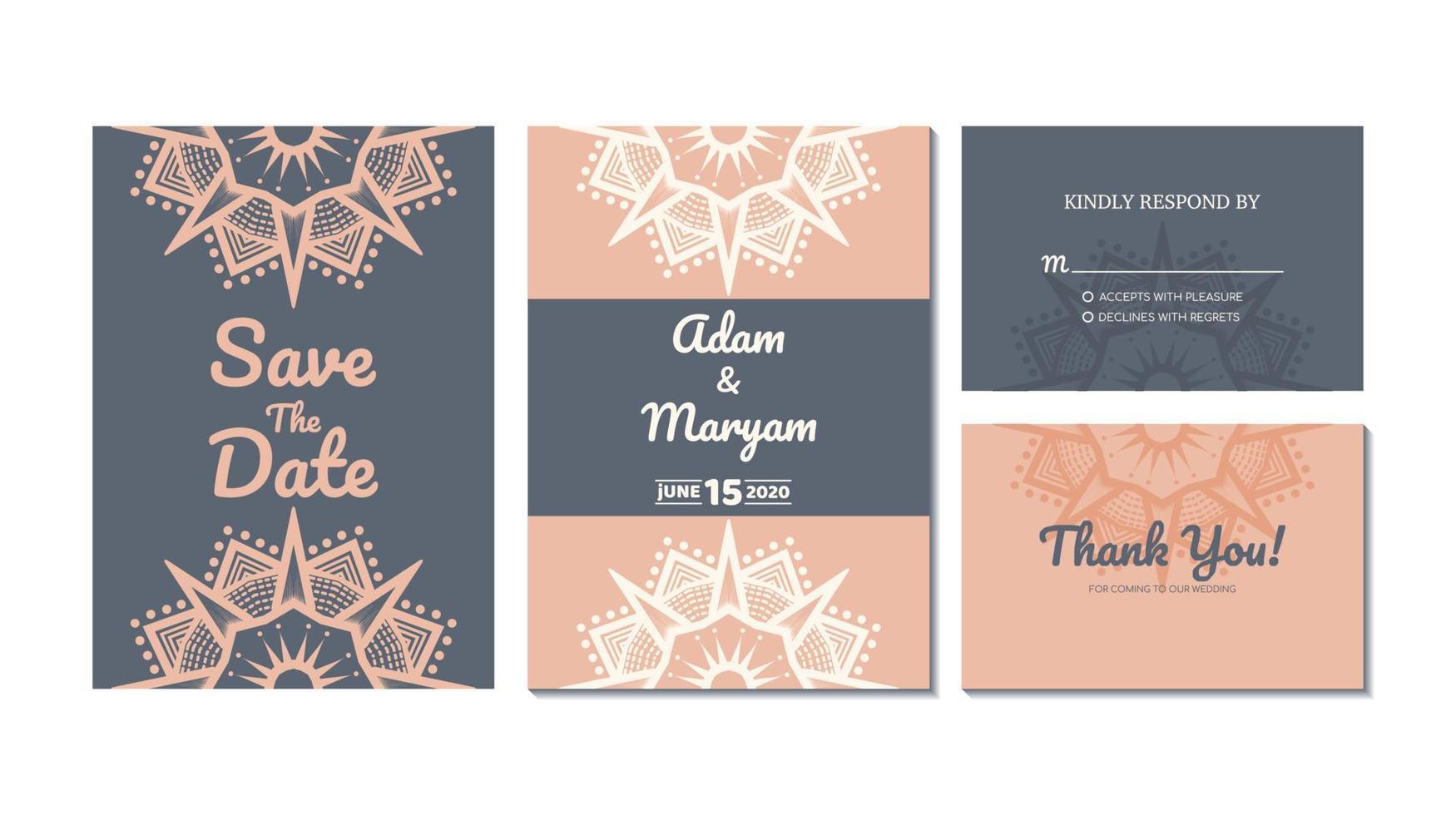 Set Cover Inhalt Hochzeitseinladungskarte mit Mandala, abstrakter Rahmen Hintergrund Dekoration Ornament Mockup Gruß Feier rustikale Vorlage Vektor Illustration