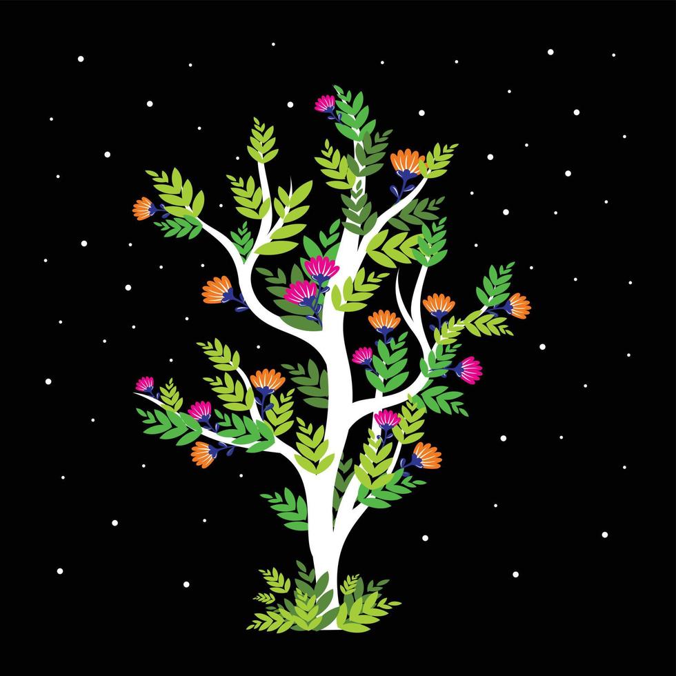 träd platt vektordesign och blommig illustration på svart bakgrund vektor