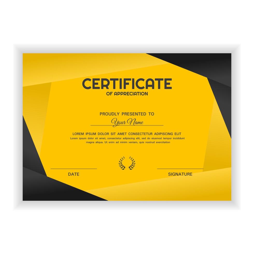 kreativa certifikat för uppskattning utmärkelse mall med gul färg vektor
