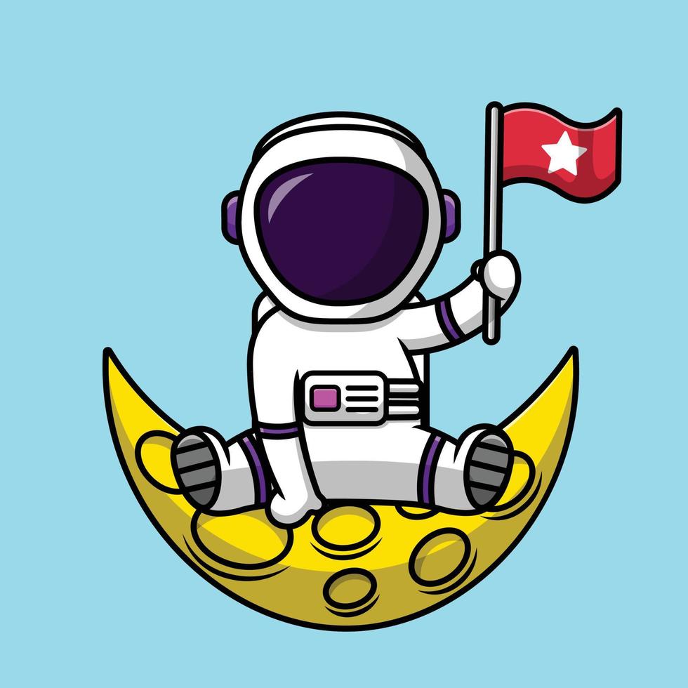 söt astronaut håller flaggan på månen tecknad vektor ikonillustration. vetenskap teknik ikon koncept isolerade premium vektor