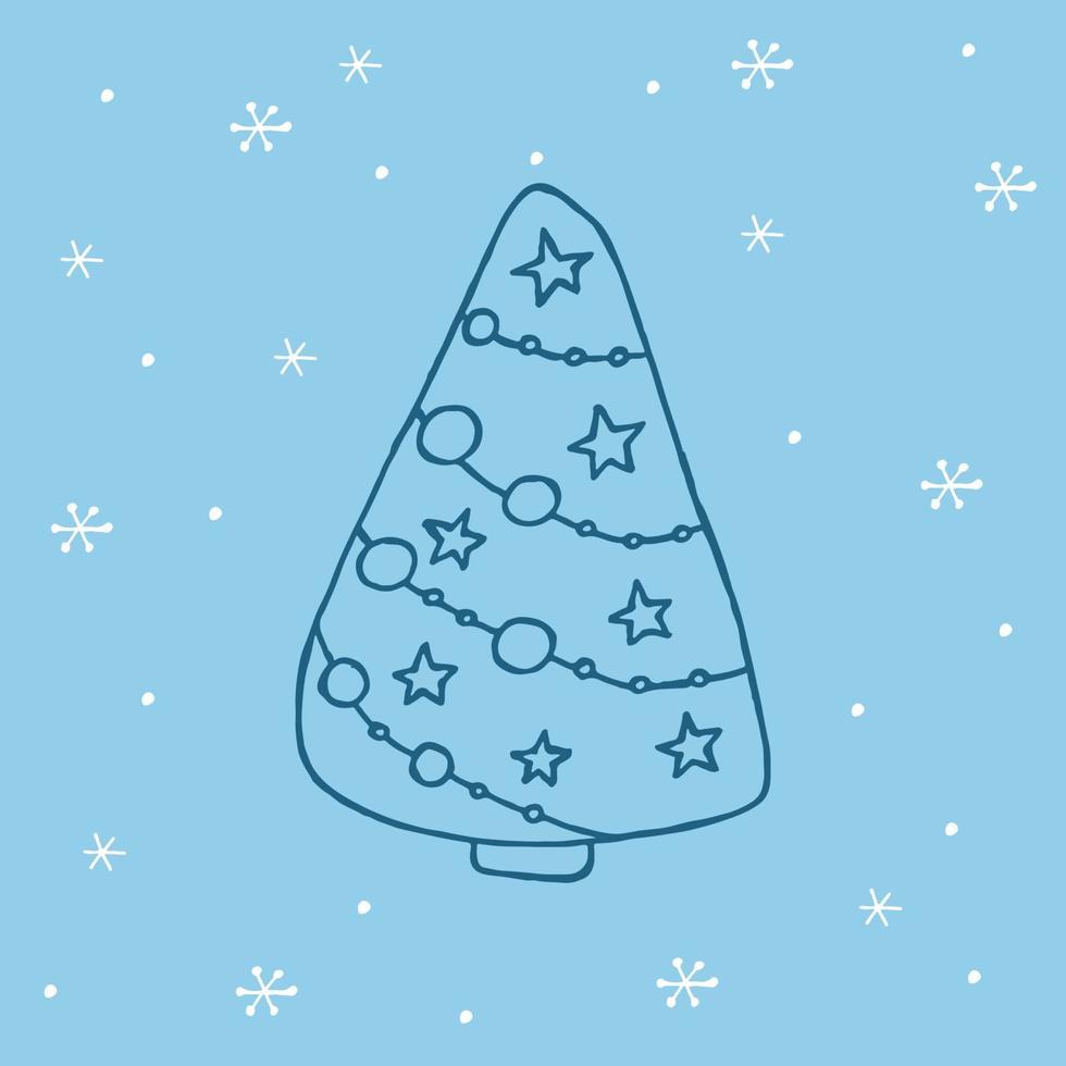 ein handgezeichneter Weihnachtsbaum. Vektorillustration im Doodle-Stil. Winterstimmung. hallo 2023. frohe weihnachten und ein gutes neues jahr. dunkelblaues Element mit weißen Schneeflocken auf blauem Hintergrund. vektor