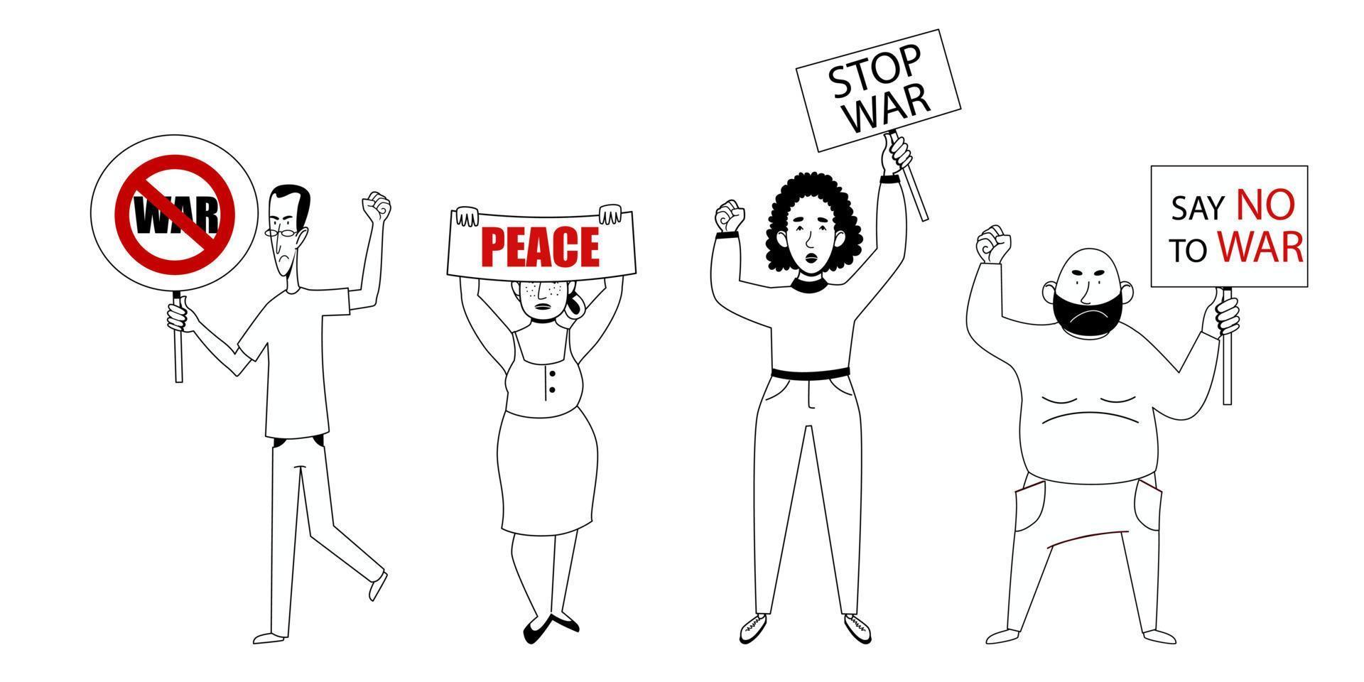 protesterande skara människor med affischer nej till krig. vektor illustration