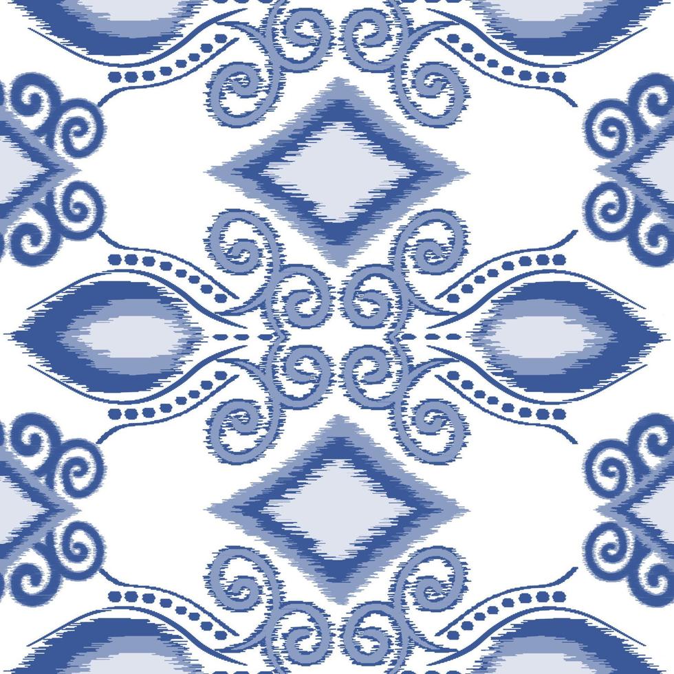 nahtloses handgezeichnetes Muster. Vektor horizontale Farbe blau Ikat-Design. mittleres quadratisches Element mit Linienkurve. Grafikdesign für modische Kleidung, Tapeten, Textilien, Verpackungen, Dekorationshintergrund.