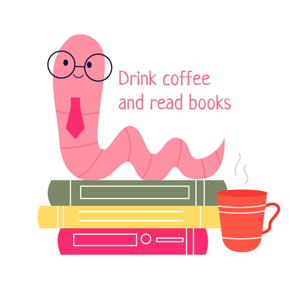 bokmask. handritade pedagogiska vektorillustrationer av bokmask och böcker. drick kaffe och läs böcker. tecknad stil vektor