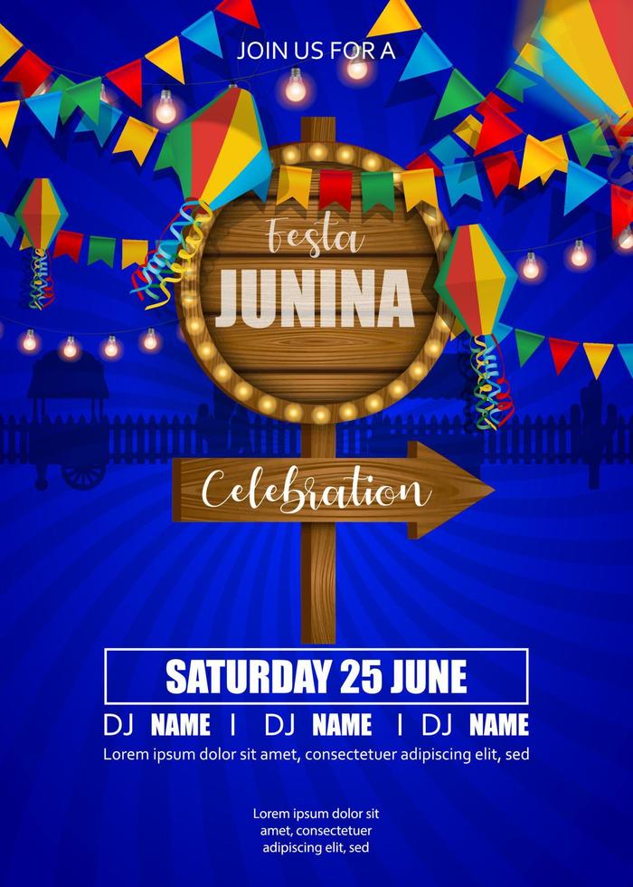 festa junina plakat mit bunten laternen und wimpeln. juni brasilianischer festivalhintergrund vektor