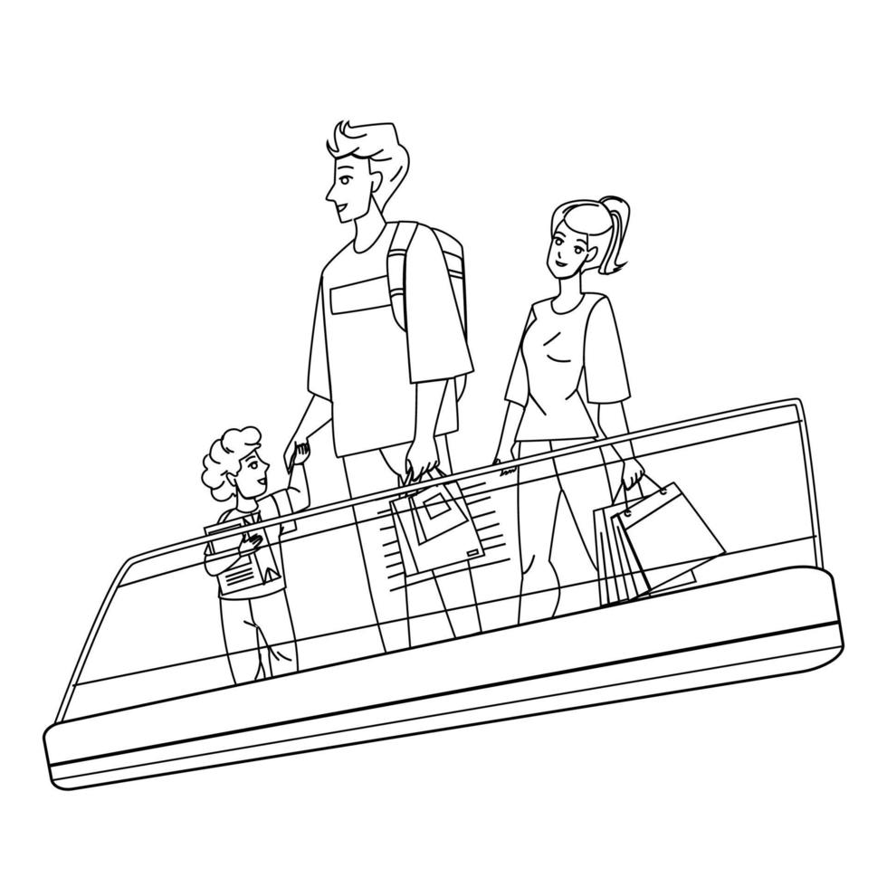 familie, die zusammen vektor auf rolltreppe des einkaufszentrums fährt