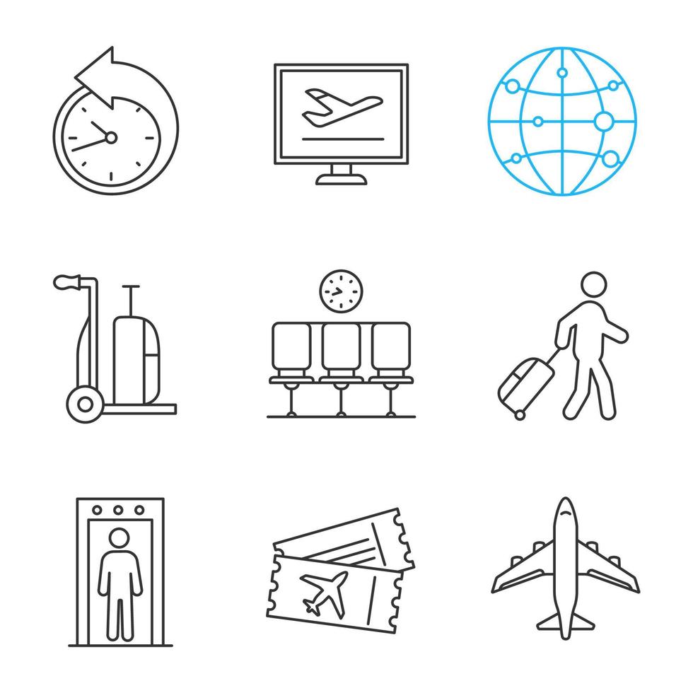 flygplats linjära ikoner set. ombokning, onlinebokning, rutt, bagagevagn, vänthall, passagerare, metalldetektor, biljett, flygplan. tunn linje kontur symboler. isolerade vektor kontur illustrationer
