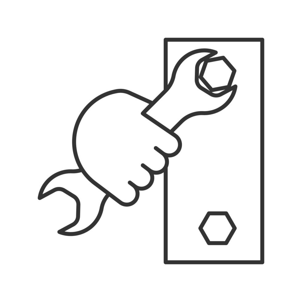 hand som håller skiftnyckel linjär ikon. tunn linje illustration. dubbel skruvnyckel med öppen ände. kontur symbol. vektor isolerade konturritning