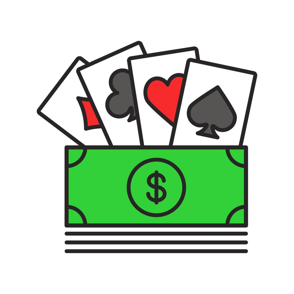 kontanter med spelkort färgikon. kasino med riktiga pengar. isolerade vektor illustration
