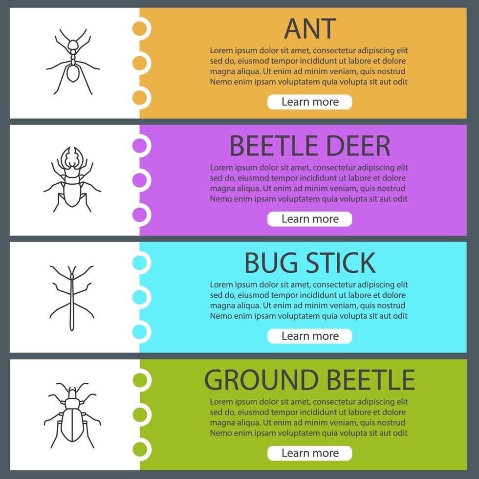 Insekten-Web-Banner-Vorlagen festgelegt. Ameise, Hirschwanze, Phasmid, Laufkäfer. Website-Menüpunkte. Vektor-Header-Design-Konzepte vektor