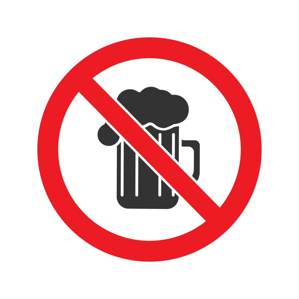 förbjuden skylt med ölmugg glyfikon. stopp siluett symbol. inget alkoholförbud. negativt utrymme. vektor isolerade illustration