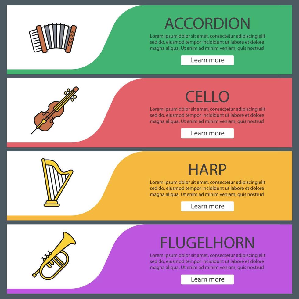 musikinstrument webb banner mallar set. dragspel, cello, harpa, flygelhorn. menyalternativ på webbplatsens färg. vektor headers designkoncept