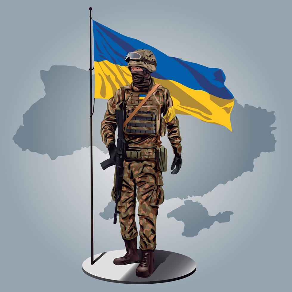 ukrainsk soldat med ukrainsk flagga och karta bakom. vektor