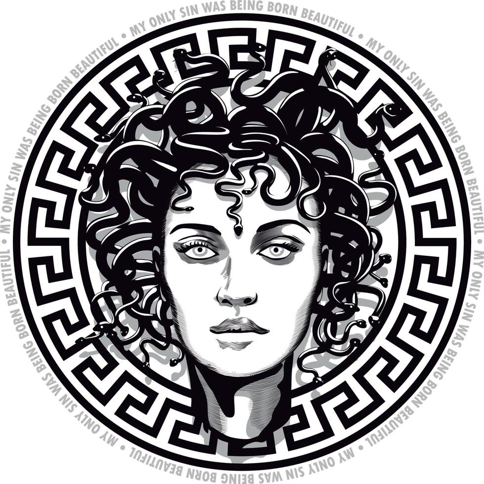 Medusa, meine einzige Sünde wurde schön geboren, Mythologie, Feminismus, Vektor, zeichnen, handgefertigte Zeichnung, vektor