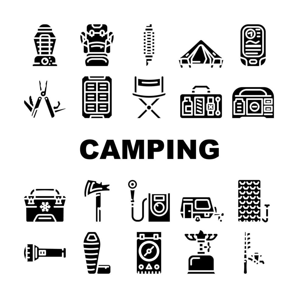 Camping-Wanderer-Tool und Gadget-Symbole setzen Vektor