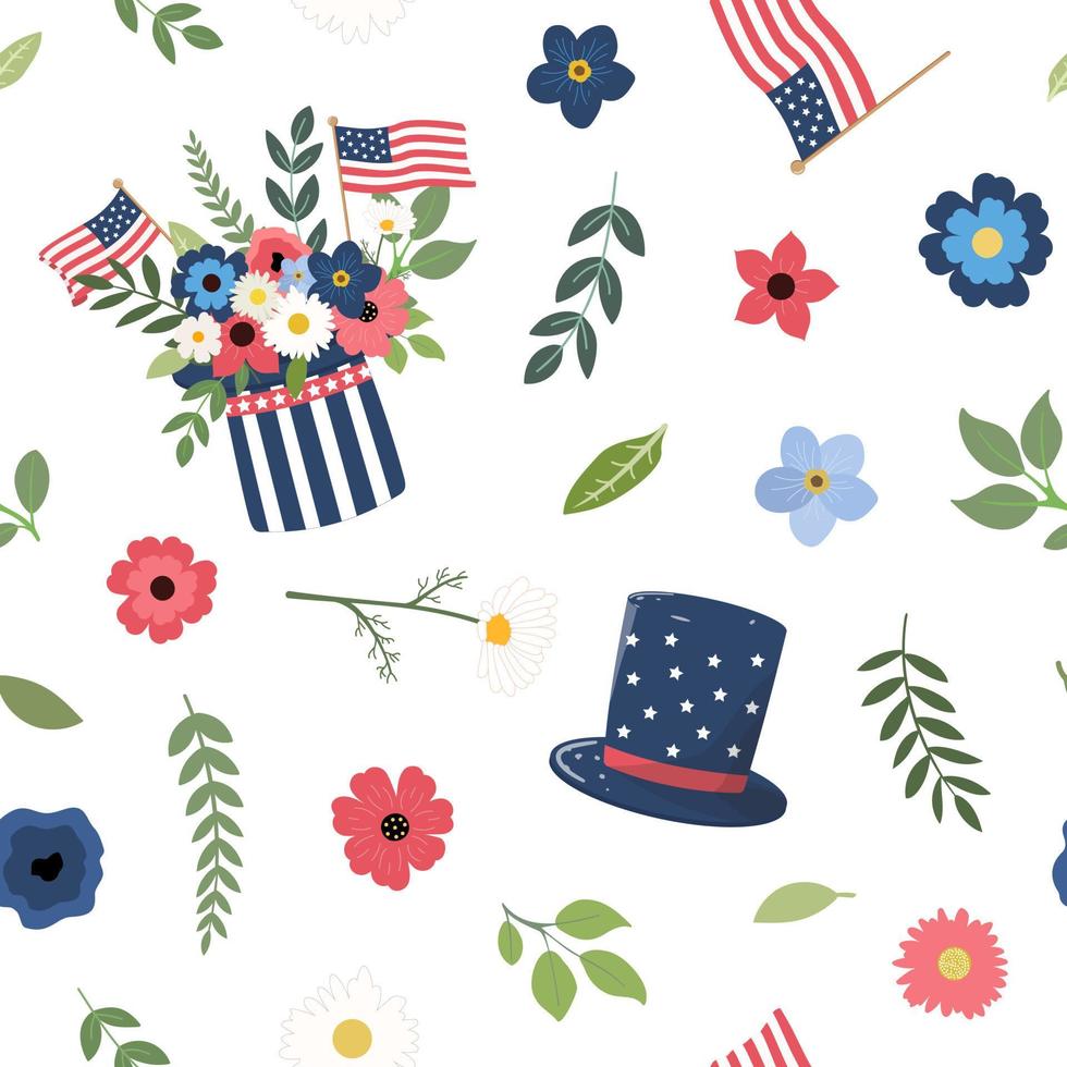 Amerikanischer Unabhängigkeitstag patriotisches nahtloses Blumenmuster mit Hut, Flaggen, Blumen in amerikanischen Nationalfarben. isoliert auf weißem Hintergrund. Design zum Thema 4. Juli. vektor