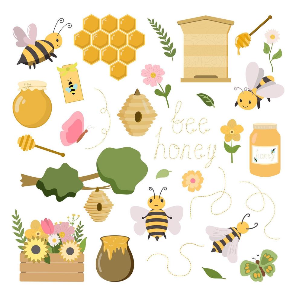 söta honungsbin set clipart. handritad bi honung element, fjärilar. bikupa honungskaka, burkar, kruka, pinne. honungsdesign. vektor illustration.