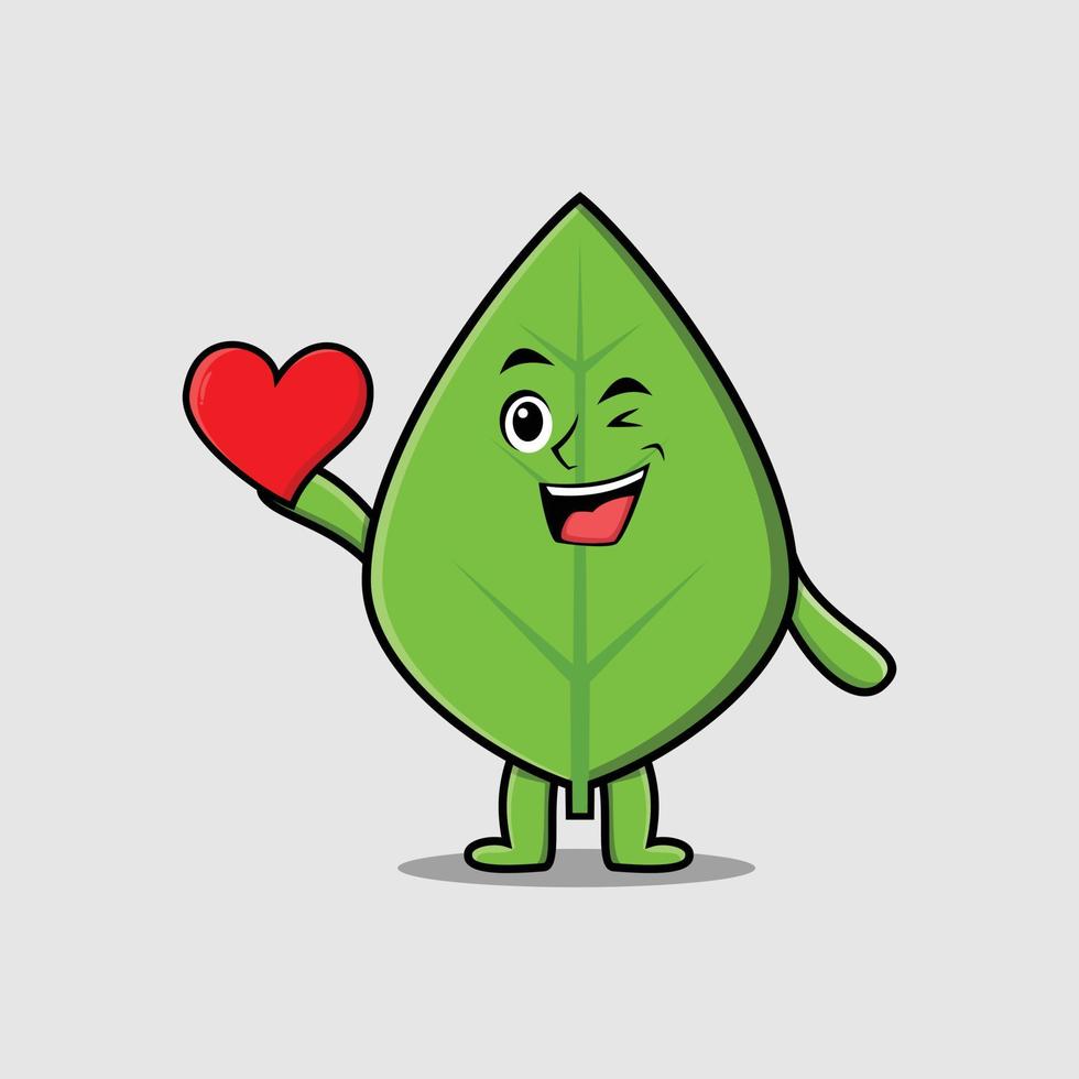 söta tecknade gröna blad håller stort rött hjärta vektor