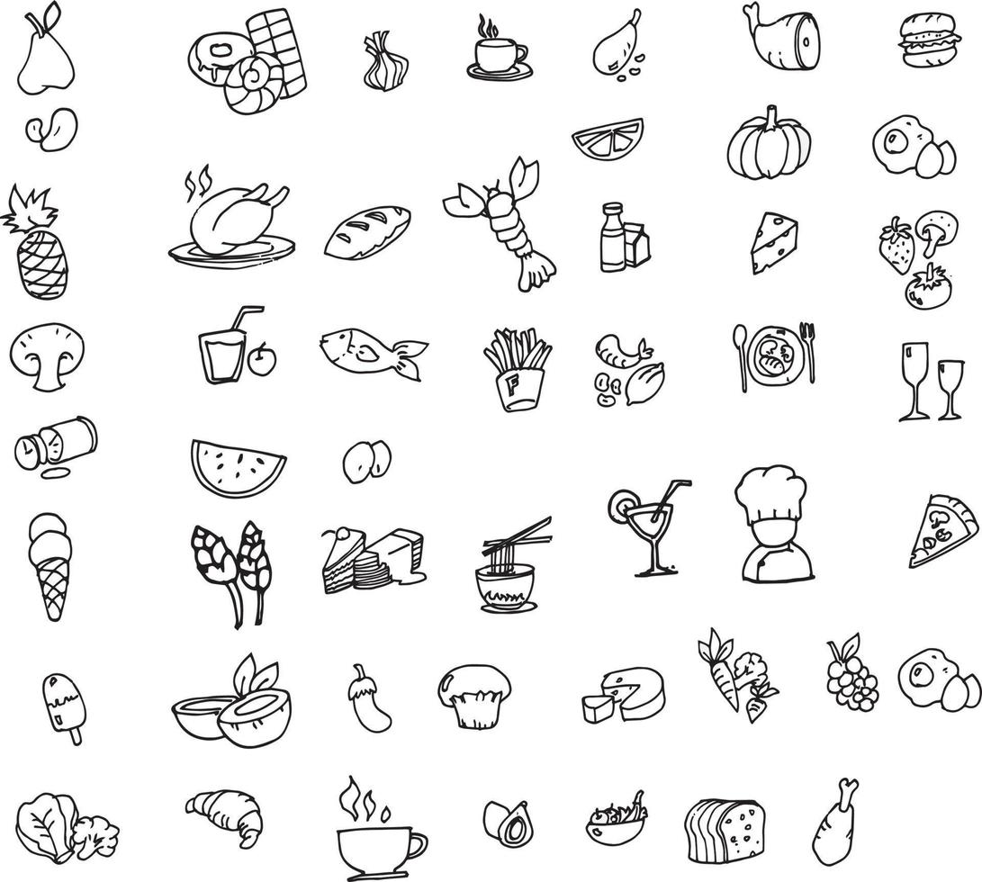 Lebensmittel-Icon-Set, Vektor, Satz flacher Symbole über Essen und Trinken, Essen und Getränke vektor