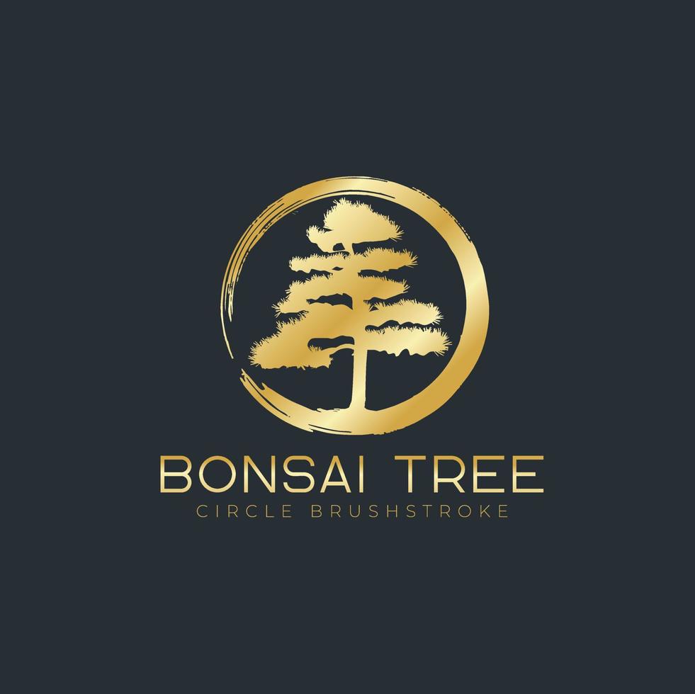 kreispinselstrich mit bonsaibaumlogo, pflanzenschattenbildikonen auf weißem hintergrund. vektor