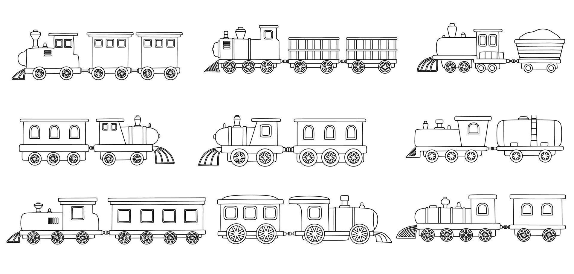 svart linje doodle uppsättning av söta tåg. vektor