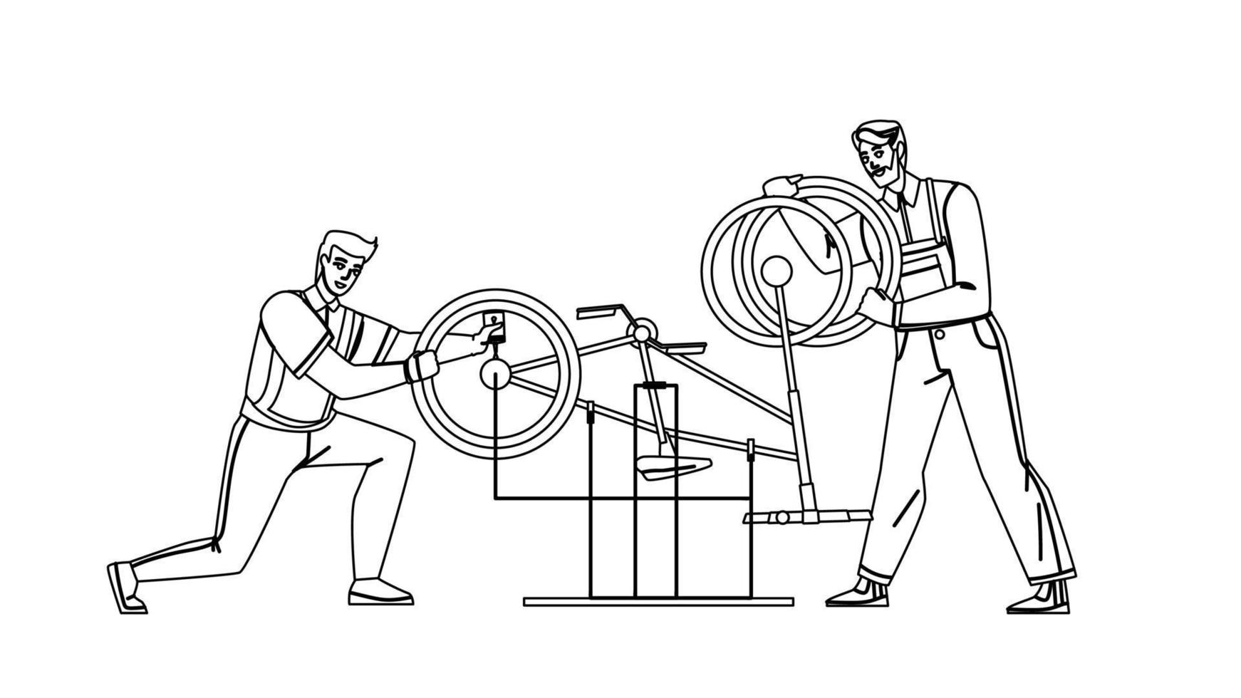 cykel reparation service män arbetare fastställande vektor