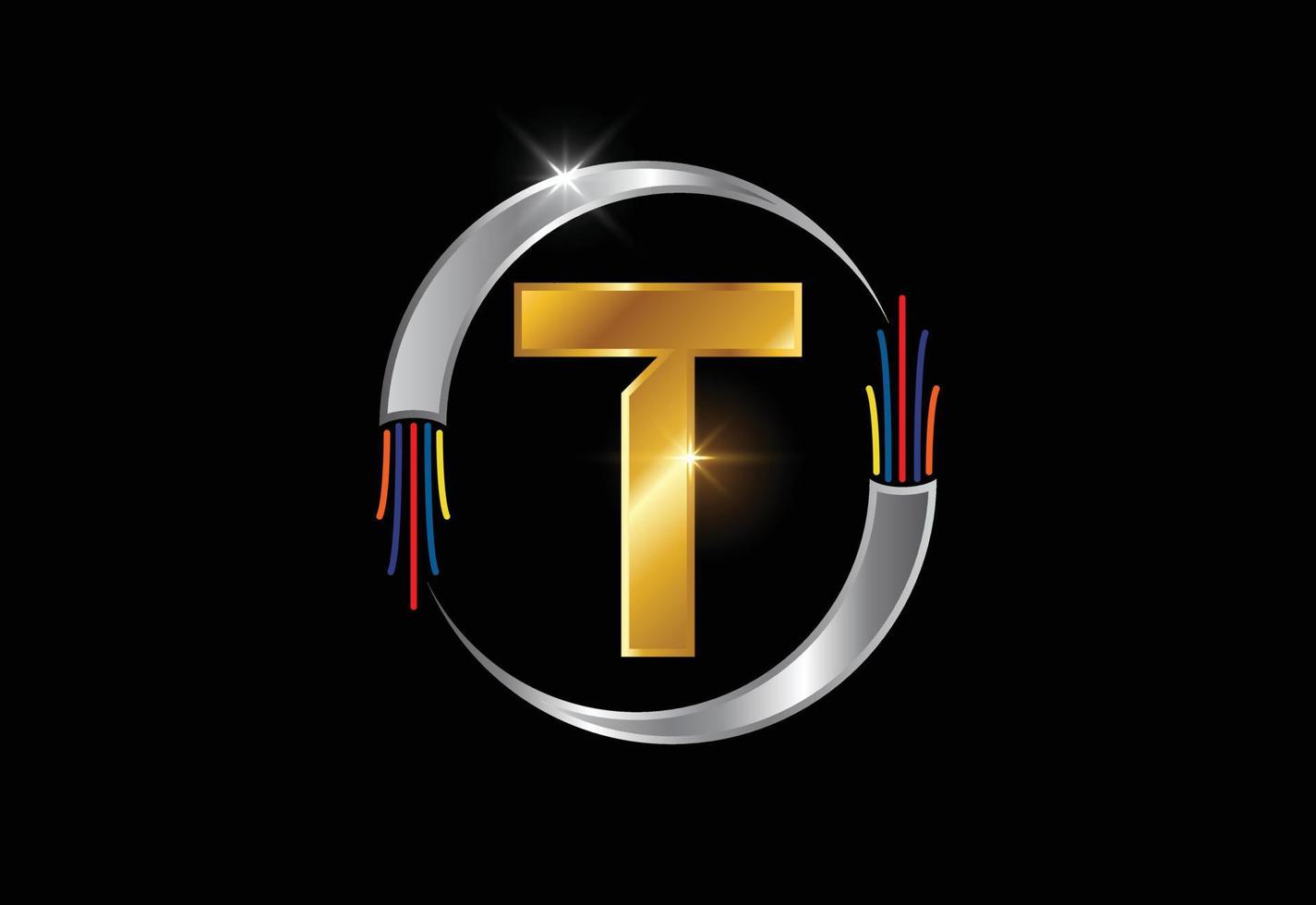 initial t monogram bokstav alfabet med elektrisk tråd, optisk fiberkabel. teckensnitt emblem. vektor