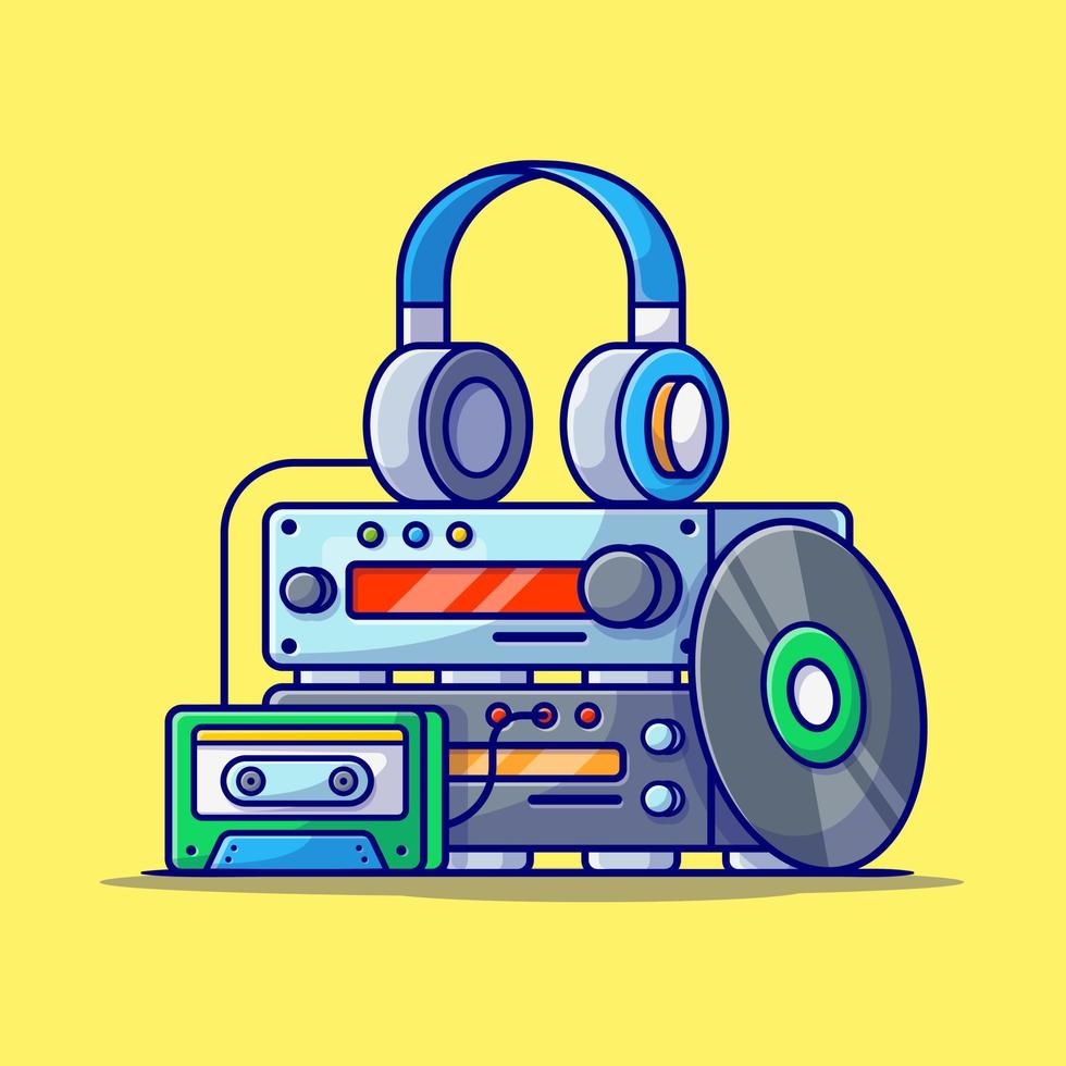 music engine sound player mit vinyl-, kassetten- und kopfhörer-cartoon-vektorsymbolillustration. Technologie-Kunst-Symbol-Konzept isolierter Premium-Vektor. flacher Cartoon-Stil vektor