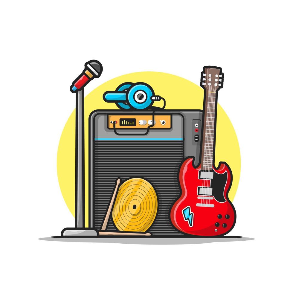 musikinstrumentenkonzert treten mit gitarren-, mikrofon-, trommel- und kopfhörerkarikatur-vektorsymbolillustration auf. Technologie-Kunst-Symbol-Konzept isolierter Premium-Vektor. flacher Cartoon-Stil vektor