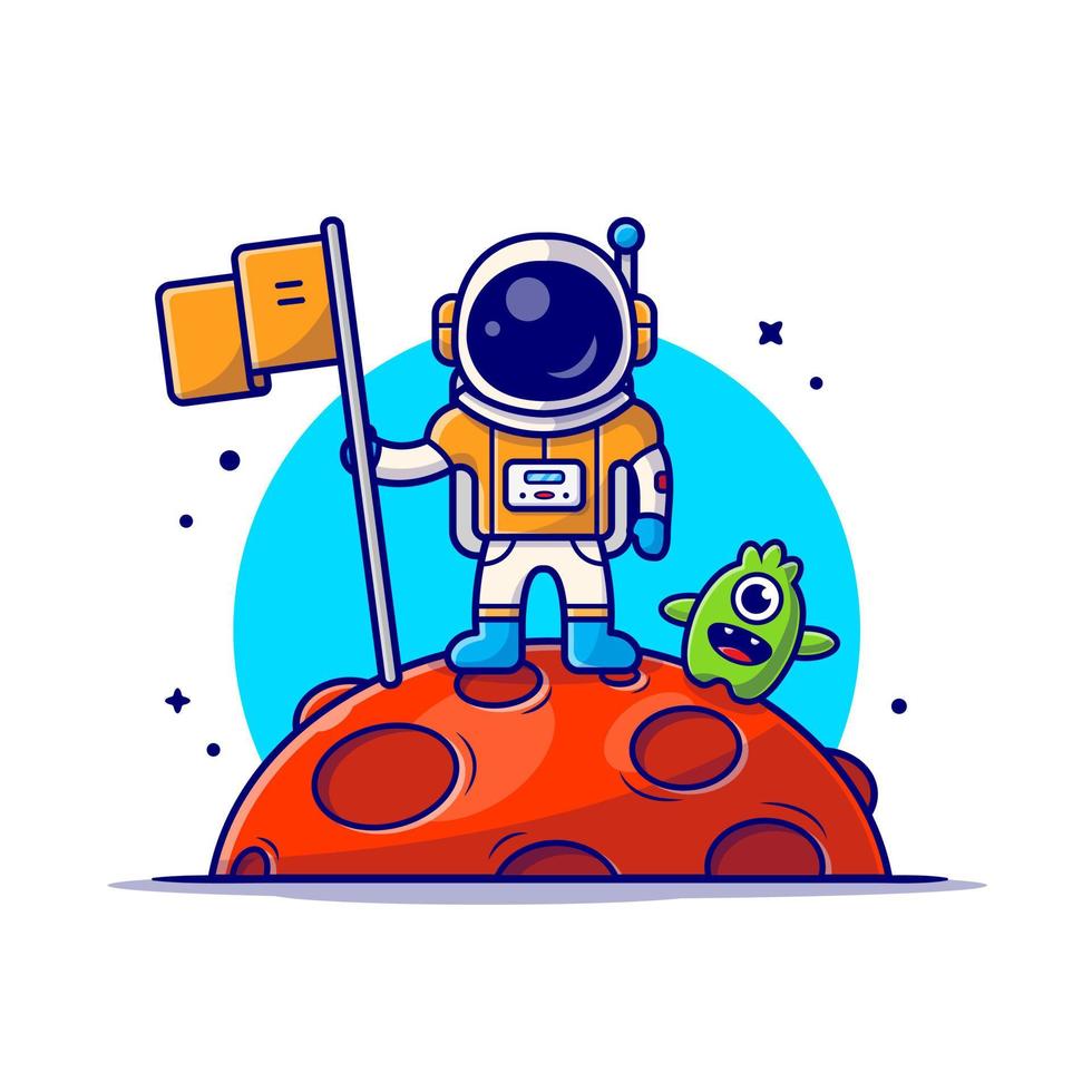 niedlicher astronaut, der flagge auf mond mit niedlicher außerirdischer raumkarikatur-vektorsymbolillustration hält. Symbolkonzept für Wissenschaftstechnologie isolierter Premium-Vektor. flacher Cartoon-Stil vektor