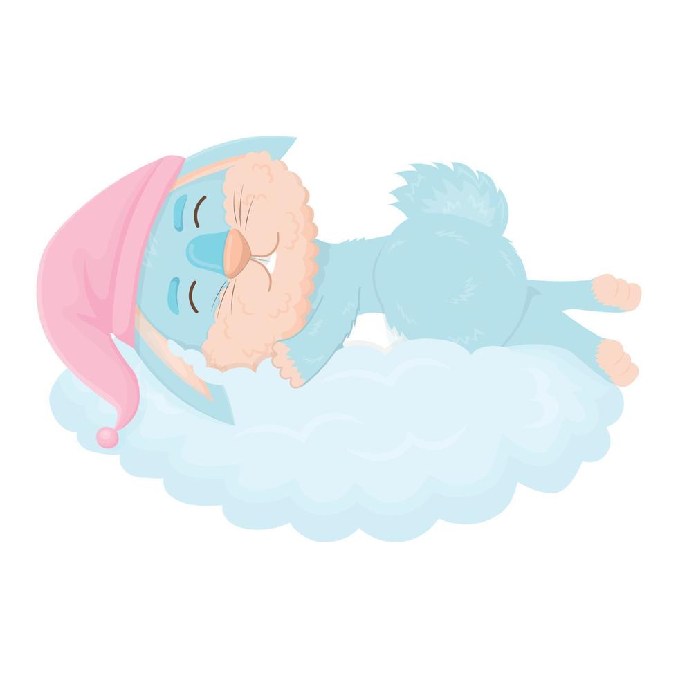 Der süße blaue Hase schläft auf einer Wolke und trägt eine Schlafmütze vektor