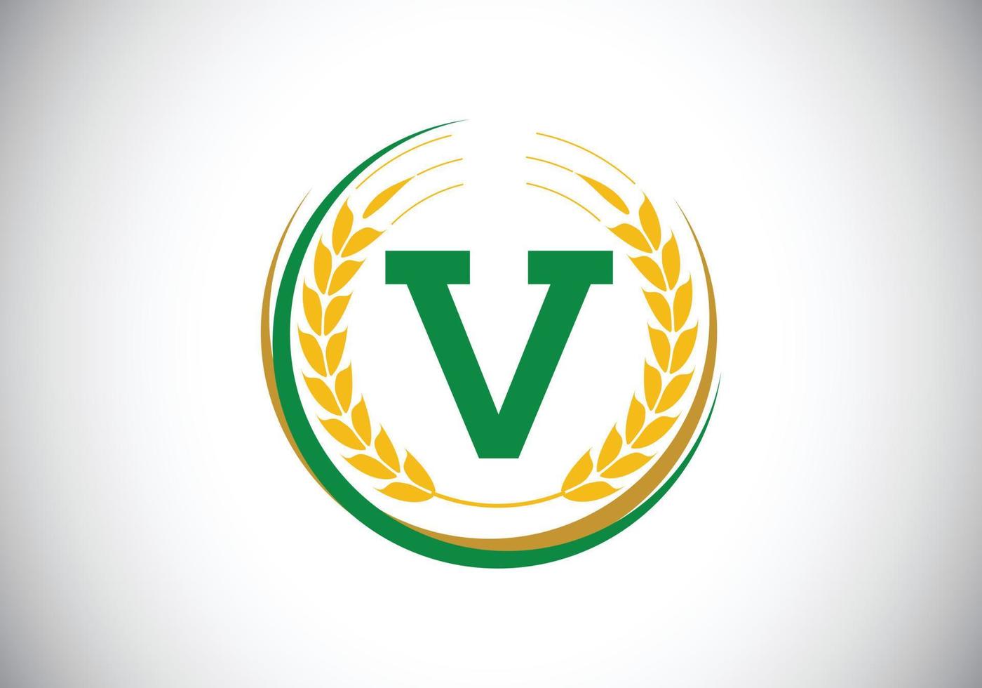 initial bokstav v tecken symbol med vete öron krans. organisk vete odling logotyp designkoncept. jordbruk logotyp design vektor mall.